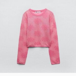 Zara Long Sleeve Pink Floral Crop Top Size S